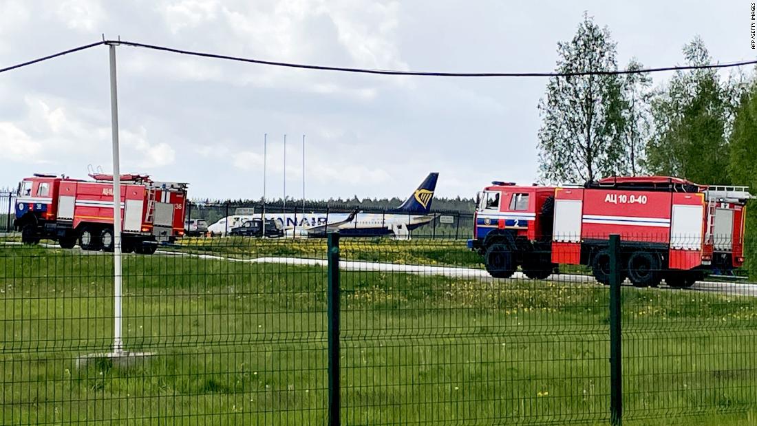 A Ryanair Boeing 737-8AS (flight number FR4978) is parked on Minsk International Airport&#39;s apron in Minsk, on May 23, 2021. - Belarusian opposition Telegram channel Nexta said Sunday its former editor and exiled opposition activist Roman Protasevich had been detained at Minsk airport after his Lithuania-bound flight made an emergency landing. Protasevich was travelling aboard a Ryanair flight from Athens to Vilnius, which made an emergency landing following a bomb scare, TASS news agency reported citing the press service of Minsk airport. &quot;The plane was checked, no bomb was found and all passengers were sent for another security search,&quot; Nexta said. &quot;Among them was... Nexta journalist Roman Protasevich. He was detained.&quot; (Photo by - / AFP) (Photo by -/AFP via Getty Images)