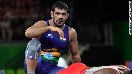 Sushil Kumar wins in the men&#39;s freestyle 74 kg wrestling match at the 2018 Gold Coast Commonwealth Games in Australia on April 12, 2018. 