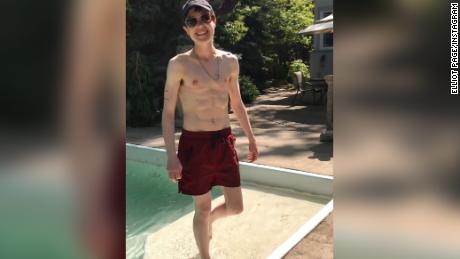The actor posted a shirtless picture of himself spending a joyful moment by the pool, captioned: &quot;Trans bb&#39;s first swim trunks.&quot;