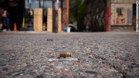 A bullet casing on the ground after shots were fired in George Floyd Square on Tuesday. 