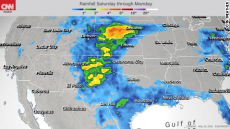 Forecast rainfall totals for central US between Saturday and Monday