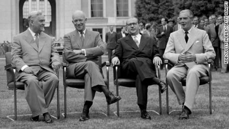 Soviet Premier Nikolai Bulganin, US President Dwight Eisenhower, French Foreign Minister Edgar Faure, and UK Prime Minister Anthony Eden at the historic Geneva Summit in 1955. 