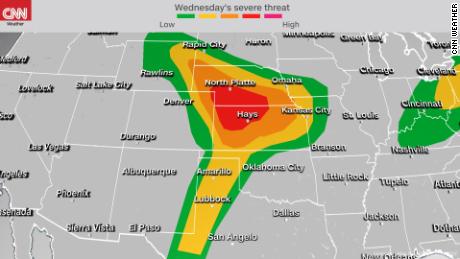 Storm Prediction Center&#39;s severe weather outlook for the Plains Wednesday into Wednesday night