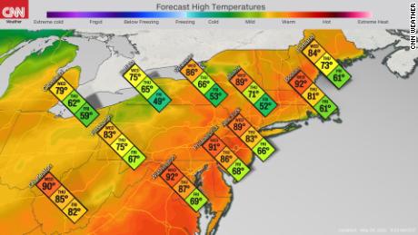 Forecast high temperatures in the Northeast Wednesday through Friday