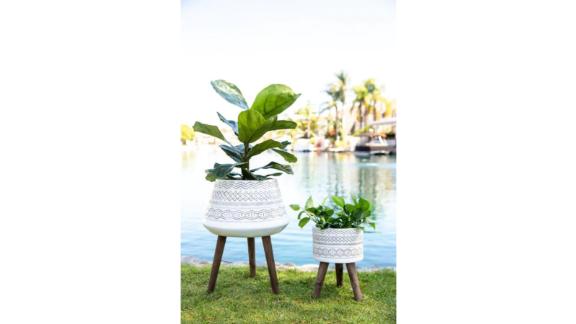 Flora Bunda Tribal Midcentury Plant Pot Set on Wood Stand