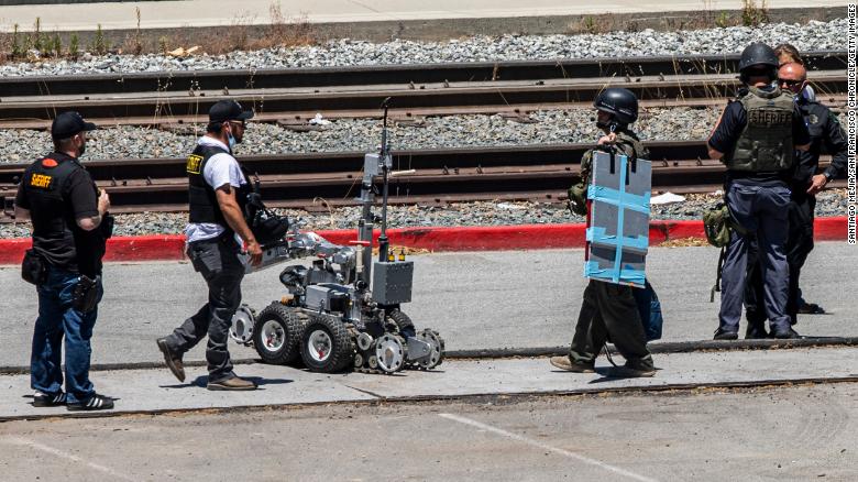 Santa Clara County Sheriff's Department deploy a robot at the parking lot of the VTA Light Rail Facility, Wednesday, May 26, 2021, in San Jose, California.