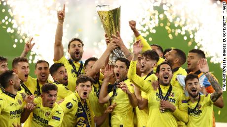 Villarreal players celebrate winning the Europa League in Gdansk, Poland.