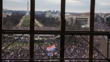 A crowd of Trump supporters gather outside as seen from inside the U.S. Capitol on January 6, 2021 in Washington, DC. Congress will hold a joint session today to ratify President-elect Joe Biden&#39;s 306-232 Electoral College win over President Donald Trump.