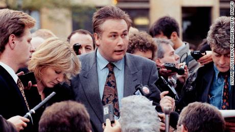 Leo Goatley, center, solicitor for Rosemary West, speaks to the media at the end of the trial in Winchester.