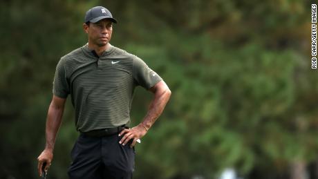 Woods looks on during the first round of the Masters on November 12, 2020.