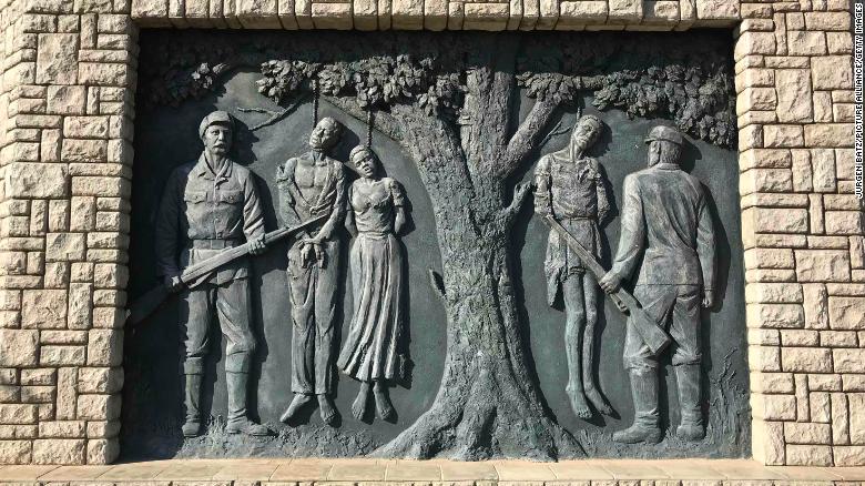 A memorial to the genocide of the Herero and Nama (1904-1907) committed by German colonial troops in the Namibian capital Windhoek. The inscription translates: &quot;Your blood nourishes our freedom.&quot;