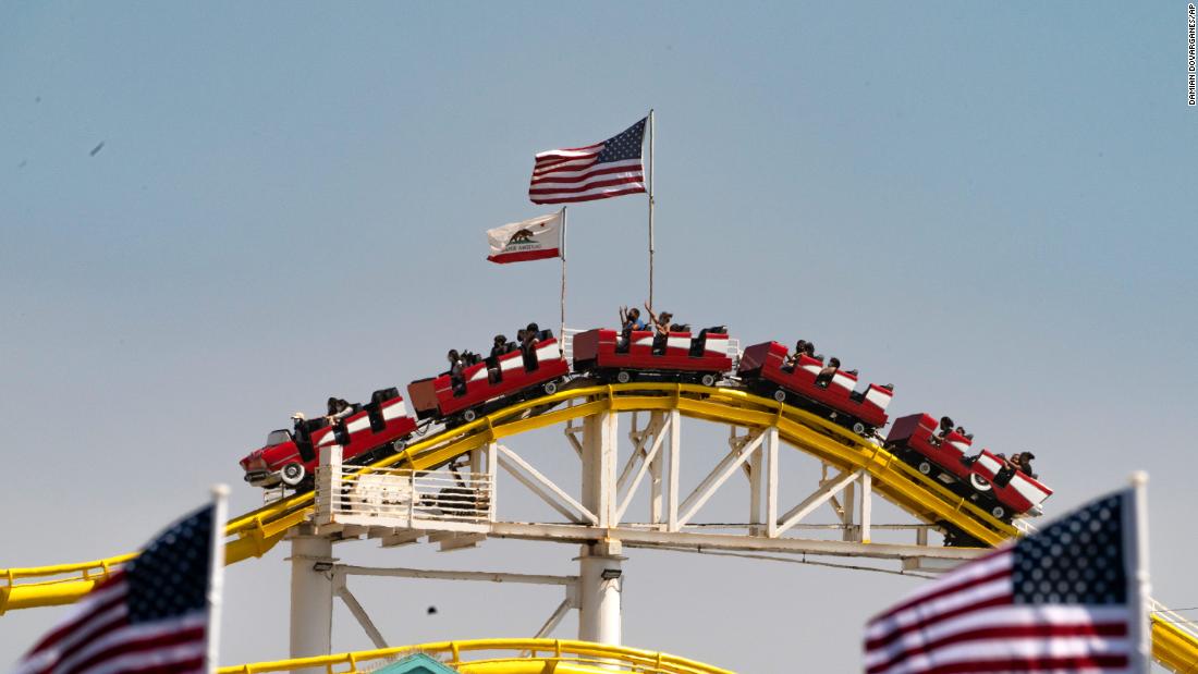 People ride a roller coaster at the pier in Santa Monica, California, on Saturday.