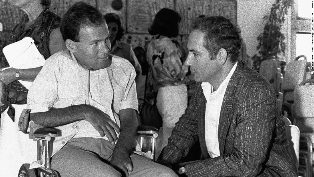 In 1986, Netanyahu speaks with Sorin Hershko, one of the Israeli soldiers wounded in Operation Entebbe. It was the 10th anniversary of Operation Entebbe, a dramatic rescue of Jewish hostages at Uganda&#39;s Entebbe Airport. Netanyahu&#39;s brother, Yonatan, was killed leading Operation Entebbe in 1976. Affected by his brother&#39;s death, Netanyahu organized two international conferences on ways to combat terrorism — one in 1979 and another in 1984.