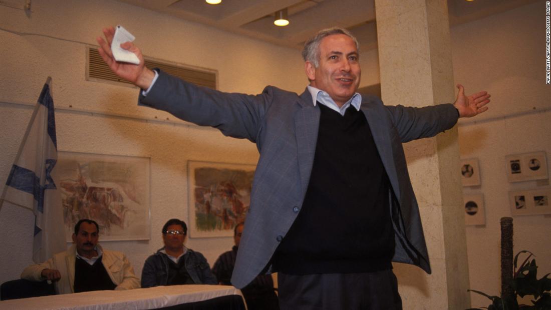Netanyahu celebrates after being elected chairman of the right-wing Likud party on March 21, 1993.
