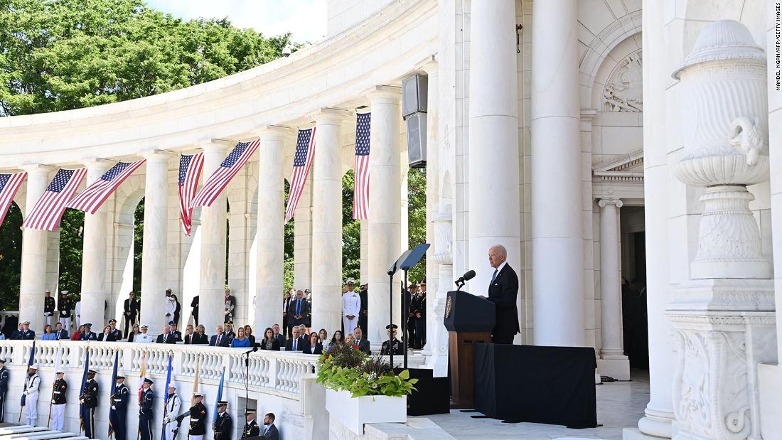 President Joe Biden delivers an address at  Arlington National Cemetery on Monday. &quot;We owe the honored dead a debt we can never fully repay,&quot; he said in &lt;a href=&quot;https://www.cnn.com/2021/05/31/politics/biden-memorial-day/index.html&quot; target=&quot;_blank&quot;&gt;his speech.&lt;/a&gt; &quot;We owe them our whole souls. We owe them our full best efforts to perfect the union for which they died.&quot;