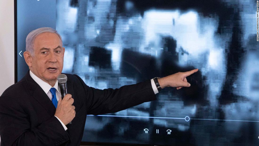 Netanyahu briefs ambassadors at the Hakirya military base in Tel Aviv, Israel, in May 2021. Fighting erupted between Israelis and Palestinians on May 10 as Palestinian militants in Gaza started firing rockets at Israel, which responded with airstrikes across Gaza. It was one of the area&#39;s worst rounds of violence since the 2014 Gaza War.
