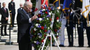 US President Joe Biden takes part in a wreath laying in front of Tomb of the Unknown Soldier at Arlington National Cemetery on Memorial Day in Arlington, Virginia on May 31, 2021. (Photo by MANDEL NGAN / AFP) (Photo by MANDEL NGAN/AFP via Getty Images)