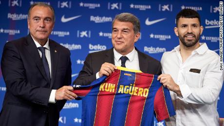 New signing Sergio &quot;Kun&quot; Aguero during his first press conference in Barcelona, Spain.