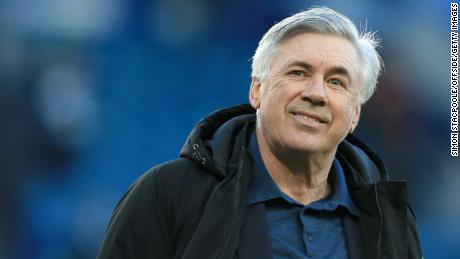 Everton manager Carlo Ancelotti smiles after the Premier League match against Wolverhampton Wanderers at Goodison Park on May 19, 2021.