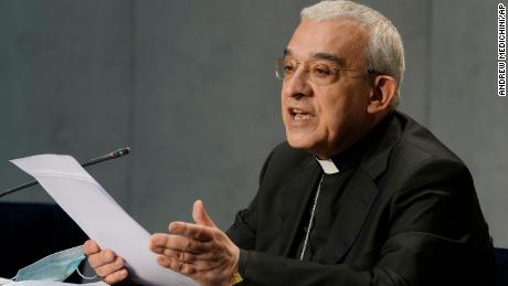 Mons. Filippo Iannone speaks during a press conference to illustrate changes in the Church&#39;s Canon law, at the Vatican, Tuesday, June 1, 2021.