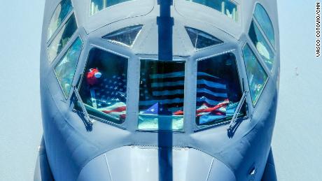 The B-52 Stratofortress displays a US flag as it engages in the NATO exercise on Memorial Day.