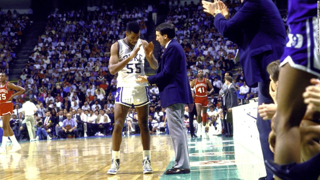 Krzyzewski coaches Billy King during the national title game against Louisville in 1986. Duke lost 72-69, but it would return to the Final Four in five of the next six seasons.