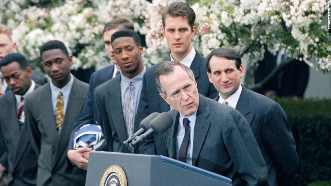 President George H.W. Bush welcomes Krzyzewski&#39;s team to the White House after their 1992 title.