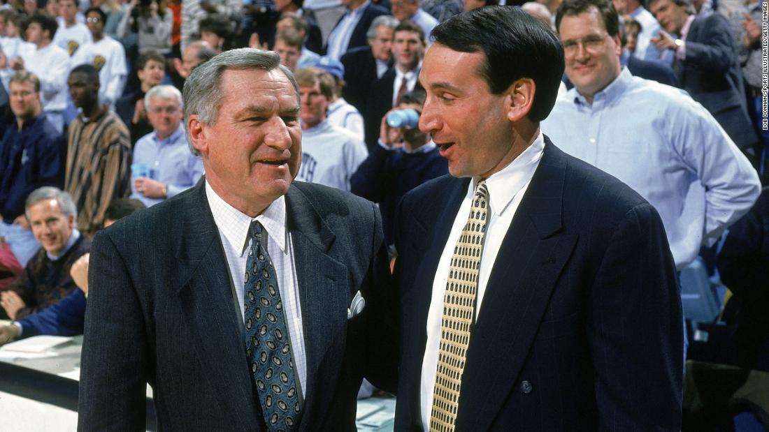 Krzyzewski and his longtime coaching rival, North Carolina&#39;s Dean Smith, chat before a game in 1994. Smith retired in 1997.