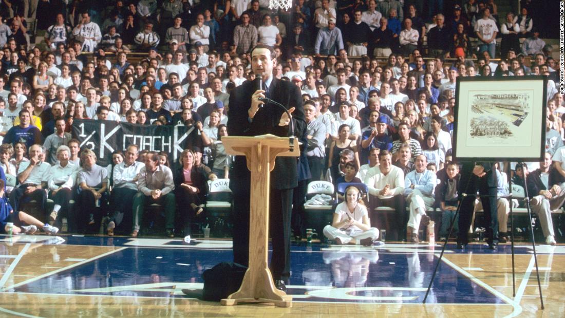 Krzyzewski speaks to Duke fans after the court at Cameron Indoor Stadium was named after him in 2000.