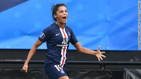 Paris Saint-Germain&#39;s Danish forward Nadia Nadim jubilates after scoring during the &quot;Trophee des Championnes&quot; (Champions Trophy) the French football match women final between OLympique Lyonnaise and Paris Saint-Germain on September 21, 2019 at the Roudourou stadium in Guingamp, western France. (Photo by Fred TANNEAU / AFP)        (Photo credit should read FRED TANNEAU/AFP via Getty Images)