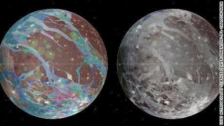 The mosaic (left) and geologic maps of Ganymede were created using imagery from NASA&#39;s Voyager and Galileo missions.