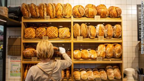 Fresh bread on a bakery stall inside Danilovsky market in Moscow, Russia, where food prices have shot up.