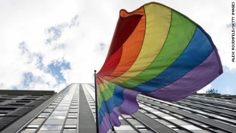 A Pride Flag hangs off a building on June 24, 2020 in New York City.