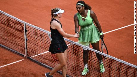 Serena Williams congratulates Kazakhstan&#39;s Elena Rybakina at the end of their women&#39;s singles fourth round match at the French Open.