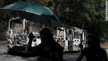 A burnt bus seen in Manaus, Brazil, June 6, 2021.