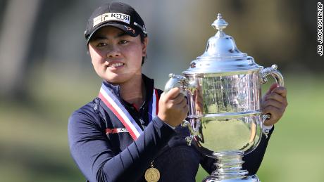 Yuka Saso, of the Philippines, celebrates her victory during the final round of the U.S. Women&#39;s Open golf tournament at The Olympic Club, Sunday, June 6, 2021, in San Francisco. Saso defeated Nasa Hataoka, of Japan, in a three-hole playoff. (AP Photo/Jed Jacobsohn)