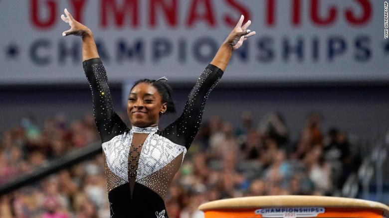 Simone Biles celebrates after competing in the vault during the US Gymnastics Championships, Sunday, June 6, 2021, in Fort Worth, Texas.