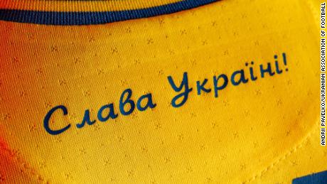 The shirt also features the slogan &quot;Glory to Ukraine.&quot;