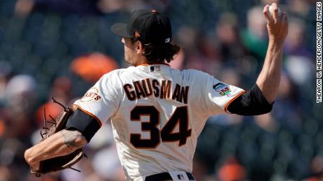 Pitcher Kevin Gausman and the rest of the Giants wore jerseys with a Pride-style team logo. 