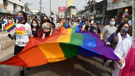 Youth takes part in the annual LGBT pride parade, at Dighalipukhuri in Guwahati, Sunday, March 21, 2021.  Pride parade celebrating lesbian, gay, bisexual, transgender, non-binary and queer social and self acceptance, achievements, legal rights, and pride. (Photo by David Talukdar/NurPhoto via Getty Images)
