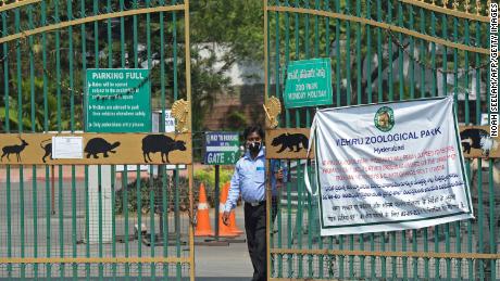 The entrance gate of the Nehru Zoological Park in Hyderabad, India, closed for visitors on May 4. A number of Asiatic lions tested positive for Covid-19 in the zoo.