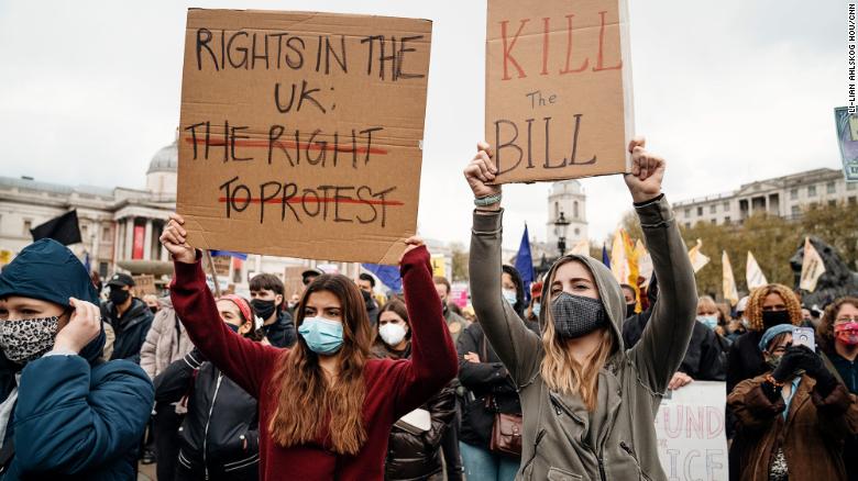Protesters attend a march on May 1, 2021, against a proposed bill to increase police powers at demonstrations in Trafalgar Square, London.
