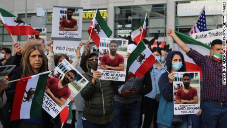Iranians in Canada on Mel Lastman Square demonstrate against the execution of wrestler Navid Afkari by the Iranian regime, in Toronto, Ontario in September 2020. The death sentence caused international uproar, yet the regime persisted.  