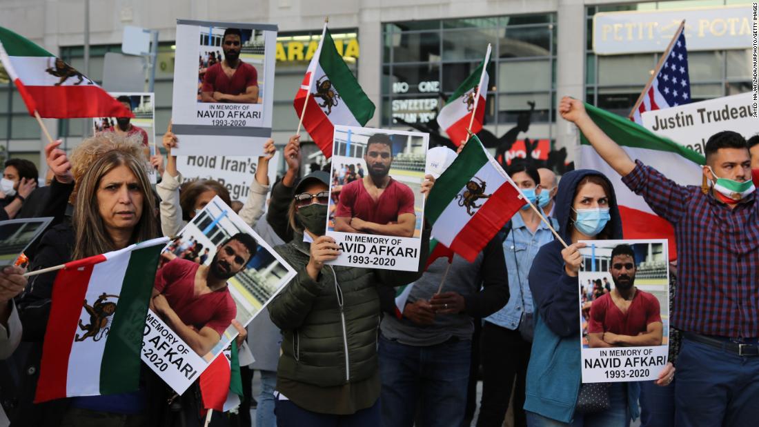 Iranians in Canada on Mel Lastman Square demonstrate against the execution of wrestler Navid Afkari by the Iranian regime, in Toronto, Ontario in September 2020. The death sentence caused international uproar, yet the regime persisted.  
