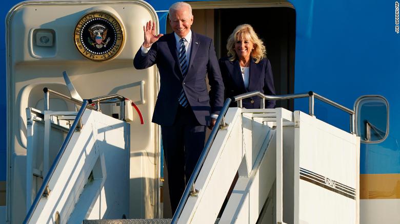 US President Joe Biden and First Lady Jill Biden arrive on Air Force One at RAF Mildenhall in Suffolk, ahead of the G7 summit in Cornwall.