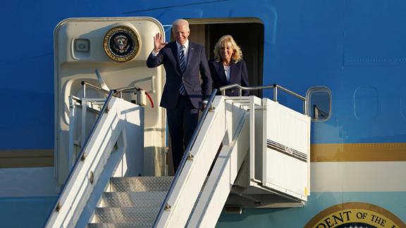 US President Joe Biden and first lady Jill Biden arrive aboard Air Force One at RAF Mildenhall, England on Wednesday, June 9, 2021. 
