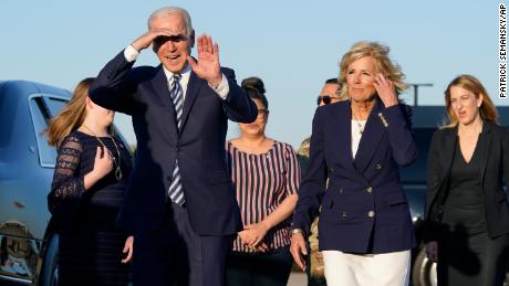 President Joe Biden and first lady Jill Biden walk to a motorcade vehicle after stepping off Air Force One at RAF Mildenhall in Suffolk, England, Wednesday, June 9, 2021. 