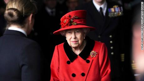 The monarch visits the HMS Queen Elizabeth ahead of the ship&#39;s maiden deployment on May 22, 2021 in Portsmouth, England. 