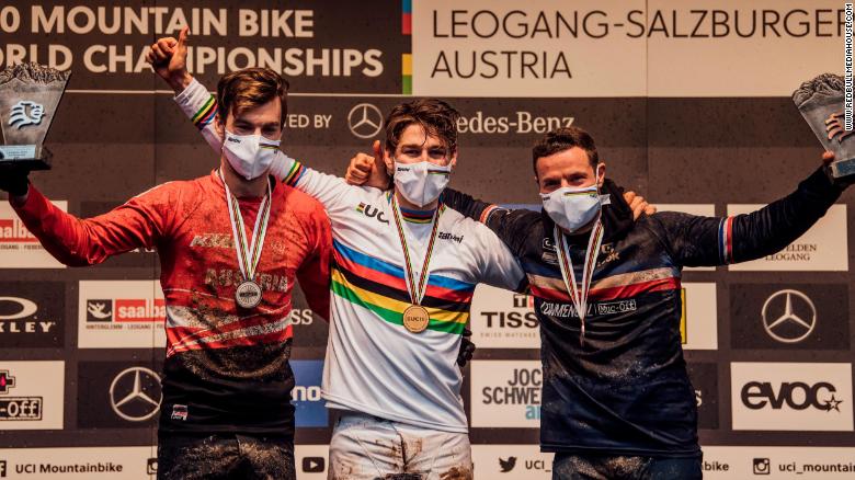 Wilson on top of the podium at the UCI DH World Championships in Leogang last October.