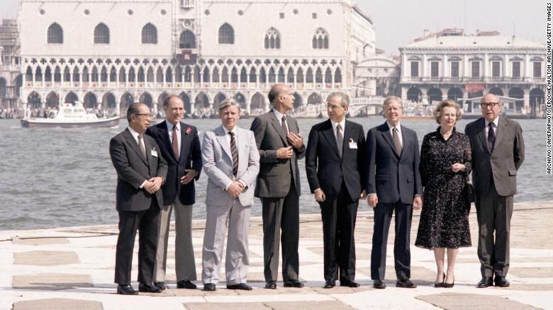 Saburo Okita, Pierre Elliot Trudeau, Helmut Schmidt, Valéry Giscard D&#39;Estaing, Francesco Cossiga, Jimmy Carter, Margaret Thatcher and Roy Jenkins attend the 1980 G7 Summit on June 22, 1980, San Giorgio Island, Venice, Italy. 